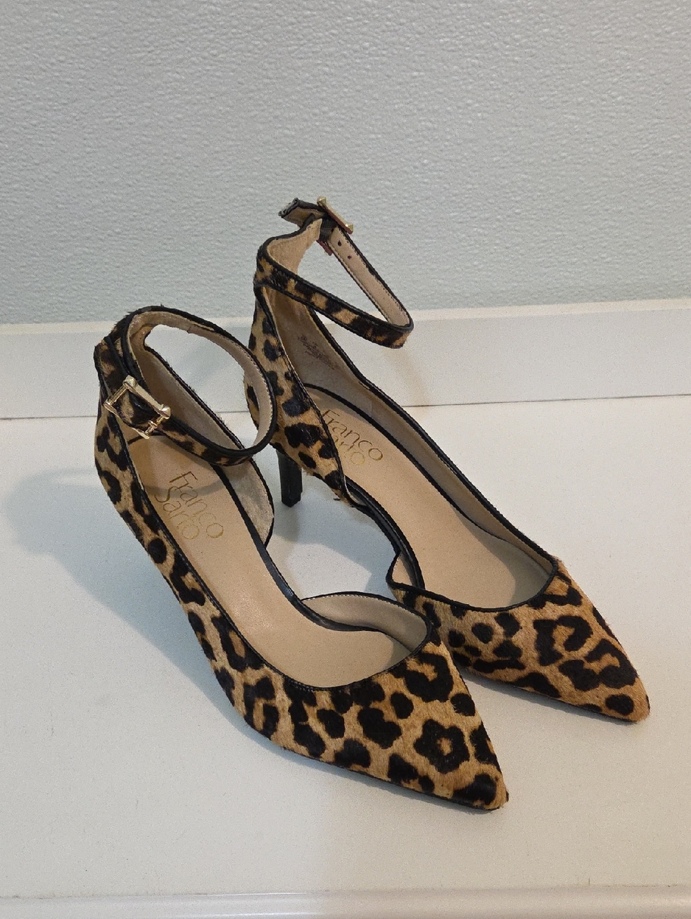 Franco Sarto Leopard Print Pointed Toe Ankle-Strap Pumps - Tan/Black